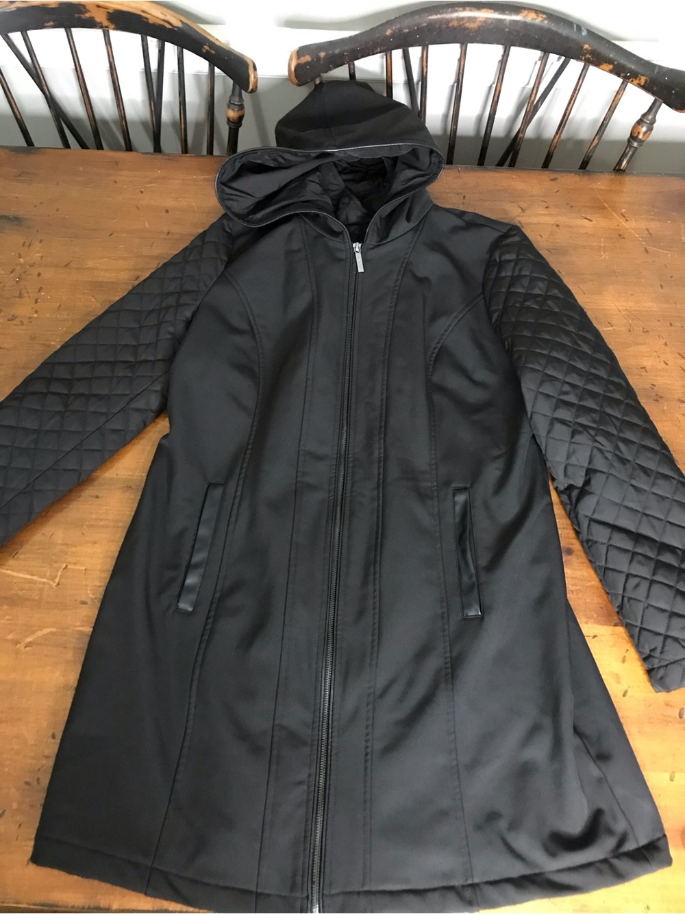 MICHAEL Michael Kors Black Hooded Trench Coat with Quilted Sleeves L